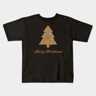 Merry Christmas Tree Leopard Print (Large Design) Kids T-Shirt